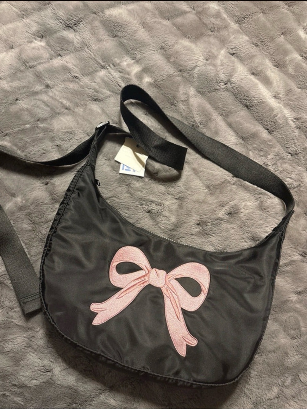 Black Nylon crossbody Bag with Pink Bow Embroidery NWT